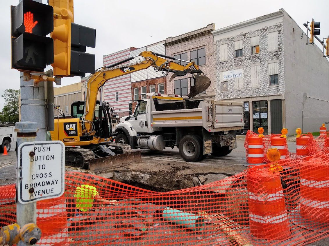 Broadway sidewalk work, looking east